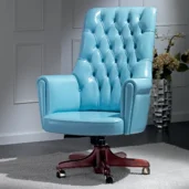 a blue leather chair in a luxury office room